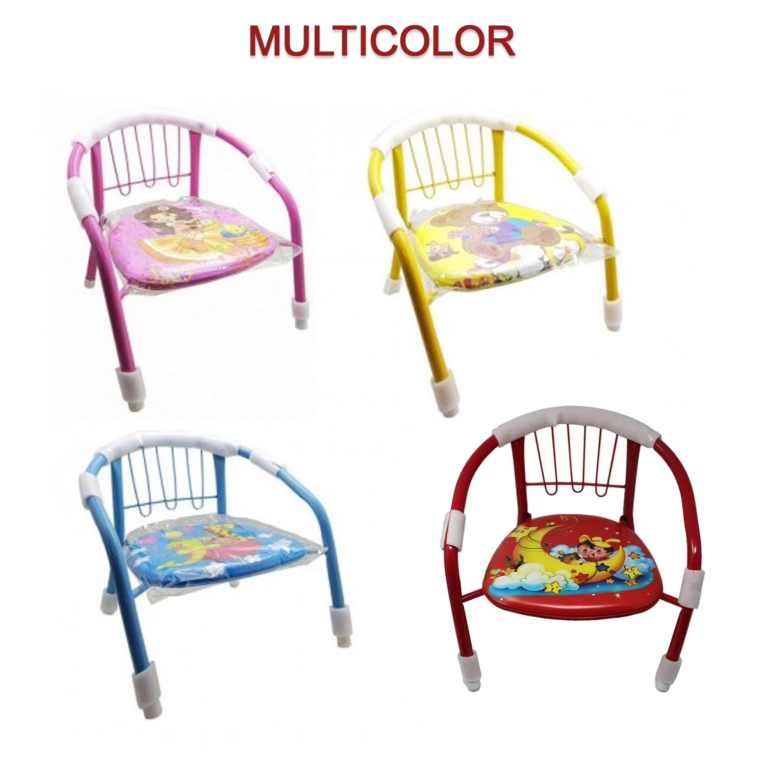 1257 Multicolor Cartoon Design Baby Chair with Metal Backrest Frame & Sound Seated Soft Cushion for kids & Toddlers (MOQ - 4 pcs) DeoDap 1257 Multicolor Cartoon Design Baby Chair with Metal Backrest Frame & Sound Seated Soft Cushion for kids & Toddlers (MOQ - 4 pcs) DeoDap